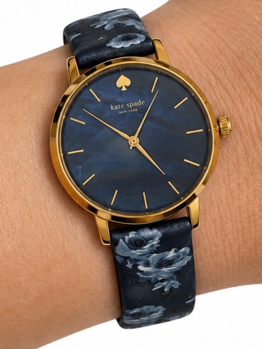 Kate Spade Metro KSW1390 Navy Floral Leather Watch Gold Tone 34mm